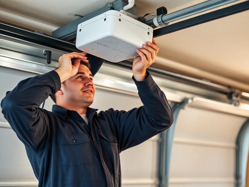 Experienced garage door technician adjusting opener motor
