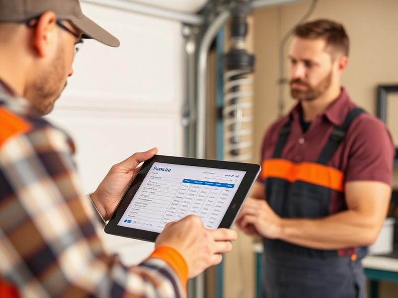 Technician explaining garage door repair cost estimate to homeowner