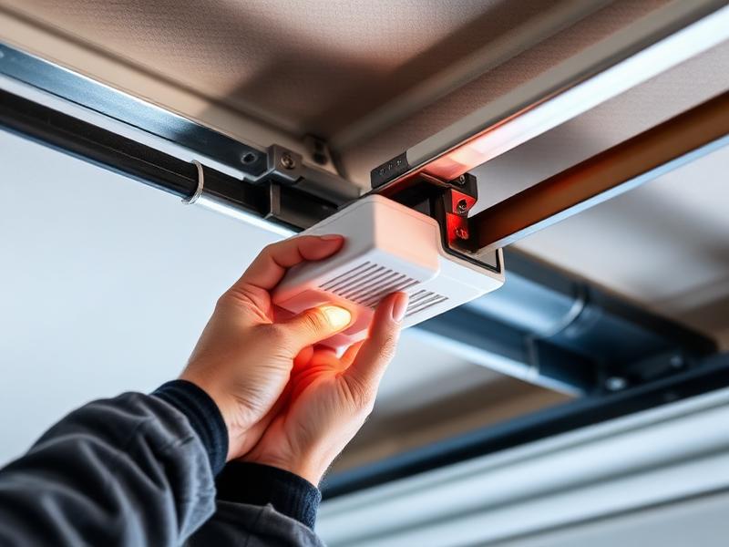 Garage door sensor calibration with technician adjusting safety sensors