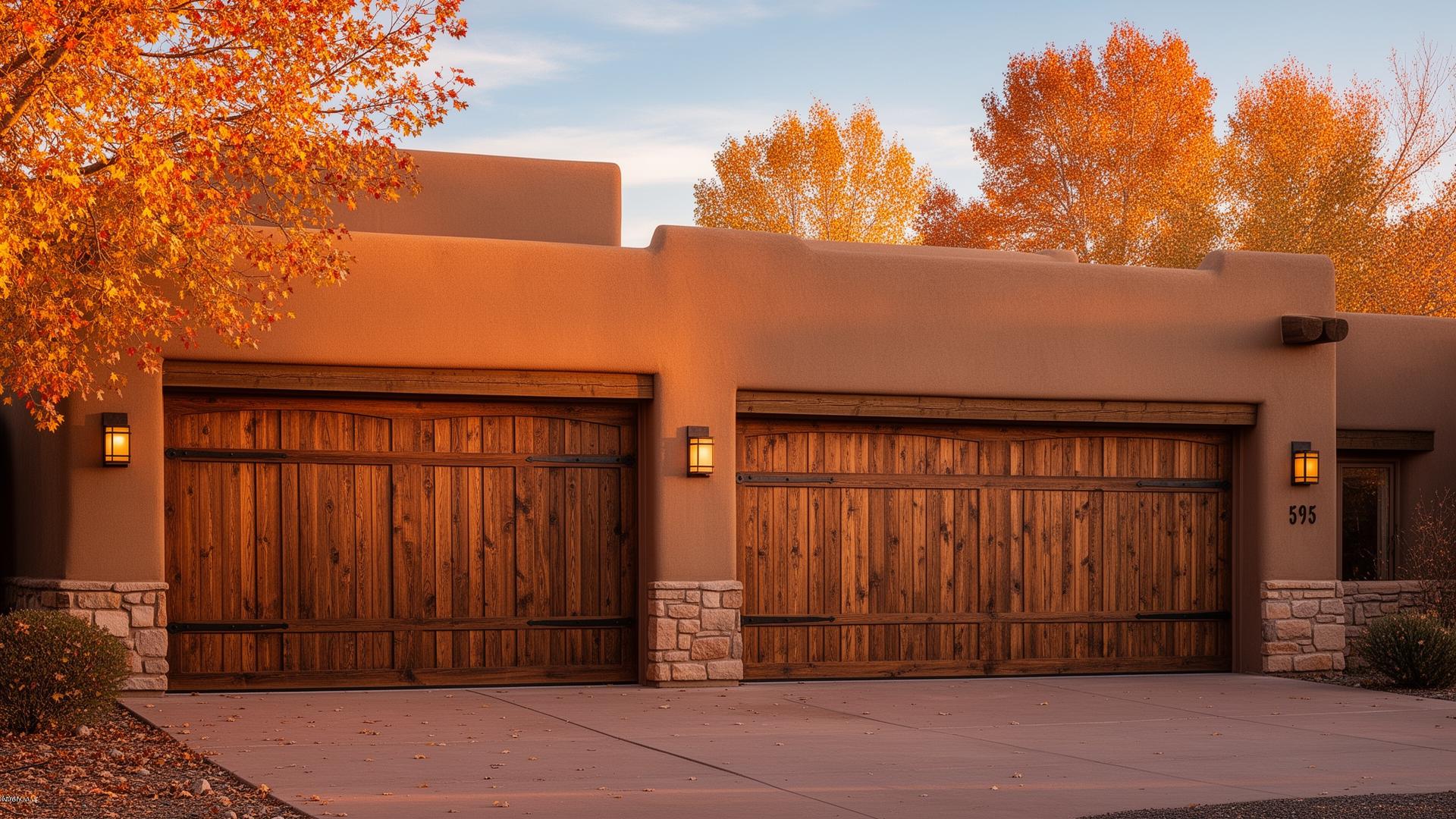 Premium rustic wood grain garage doors with iron strap hinges on adobe style home